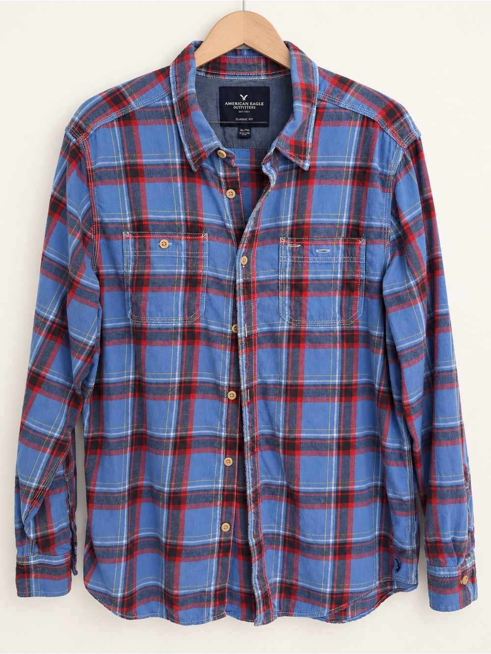 American Eagle Outfitters Blue and Red Plaid Button-Down Shirt (XL)